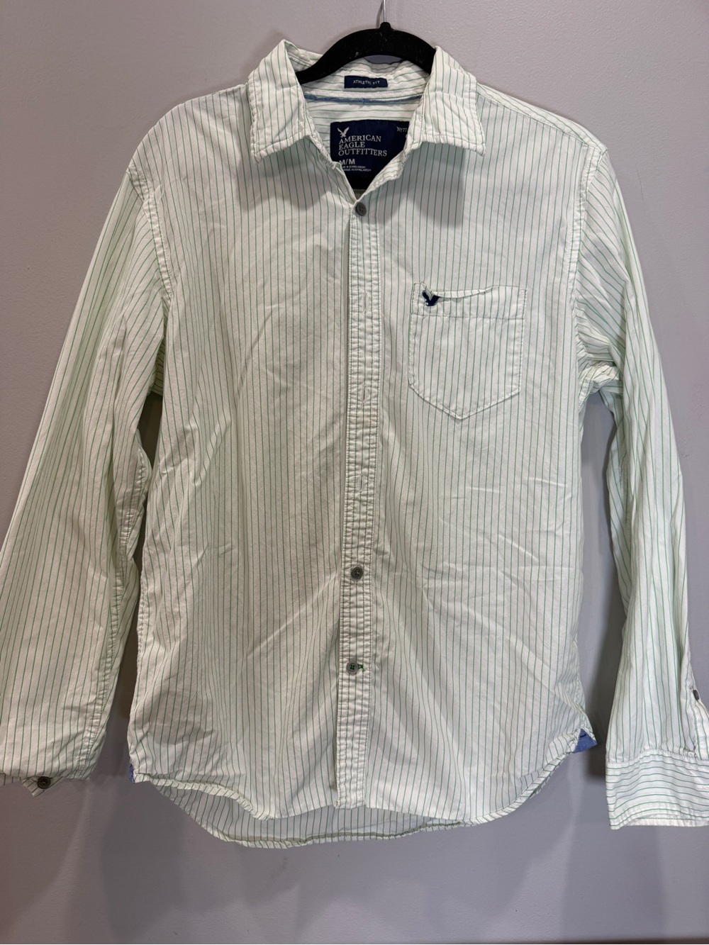 American Eagle Outfitters Men's Pale Green Striped Button-Down Shirt
